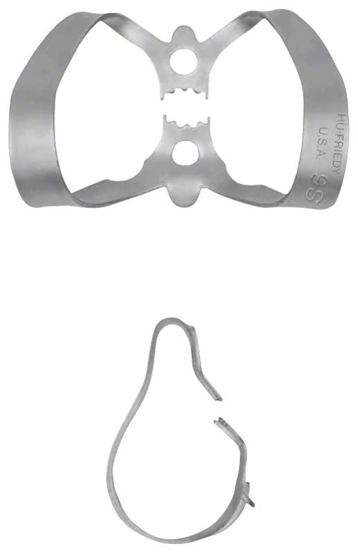 Kofferdam-Klammer Satin Steel Figur 9S für Frontzähne, Detailansicht.