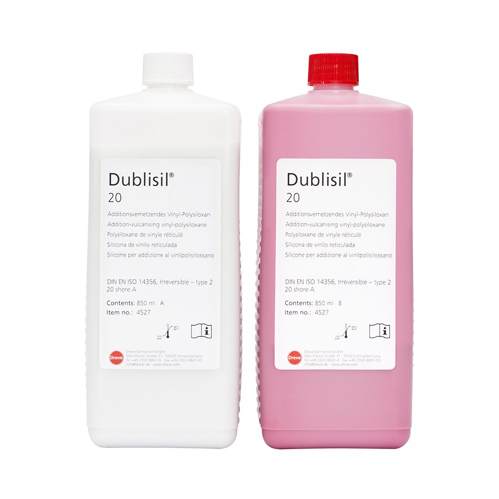 Dublisil® 20 Silikonflaschen, 850 ml, weiß und rosa.