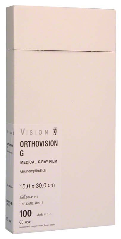 Verpackung des Cronex Orthovision G Röntgenfilms, 15 x 30 cm, grünempfindlich.
