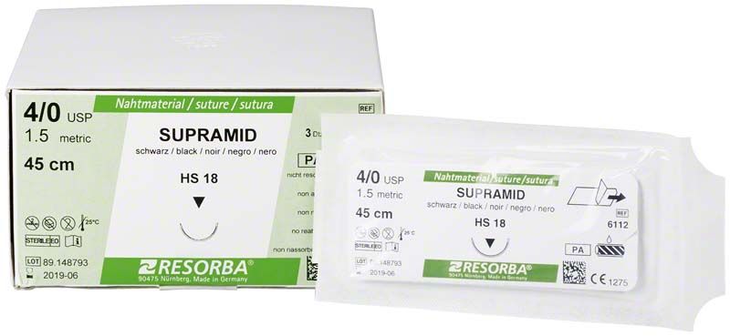 Sterile Verpackung des RESORBA® SUPRAMID Nahtmaterials HS18 4/0 45cm.