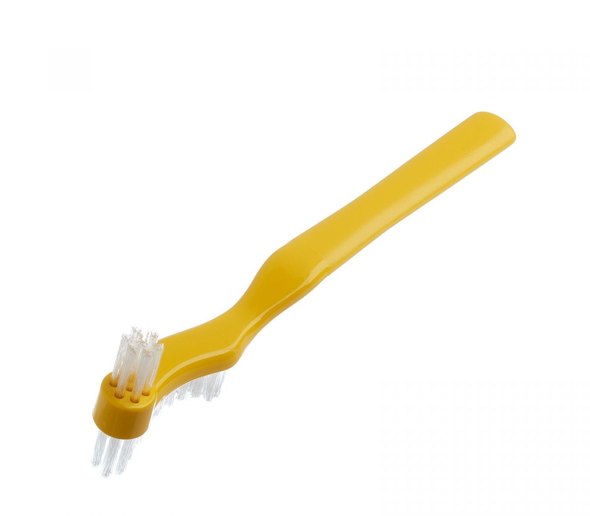 Gelbe Tandex Prothesenbürste mit doppeltem Bürstenkopf, diagonale Ansicht.