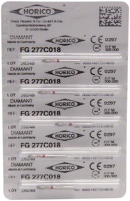 Blisterverpackung mit Diamant FG 277C 018 Dentalbohrern.