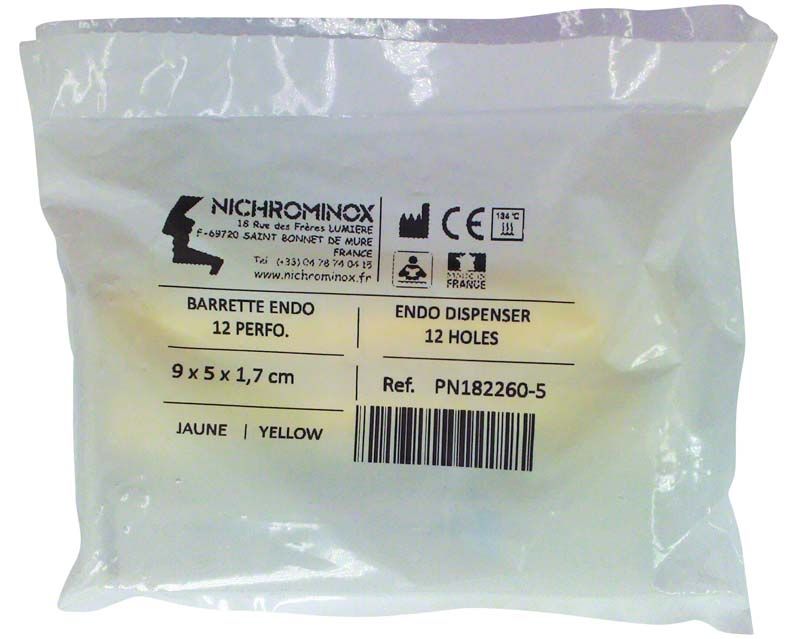 Endo Dispenser 12 Löcher Gelb in transparenter Verpackung.