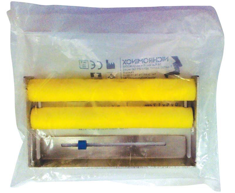 Endo Dispenser 12 Löcher Gelb mit gelben Rollen in transparenter Verpackung.