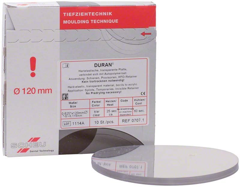 DURAN® 10er 0,625mm Tiefziehfolie vor Verpackung mit Produktinformationen.