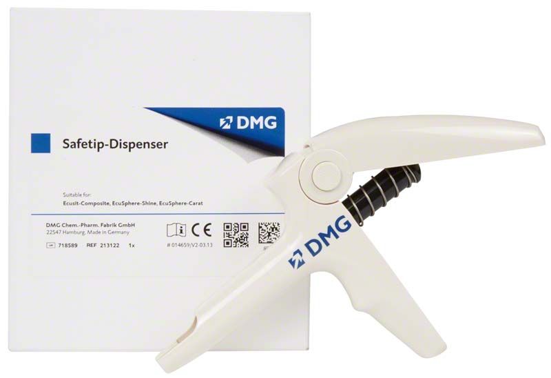 Safetip-Dispenser für präzise Applikation von Dentalmaterialien, weiße Farbe.