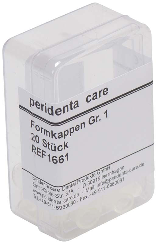 Transparente Box mit 20 Formkappen Gr. 1 von peridenta care.