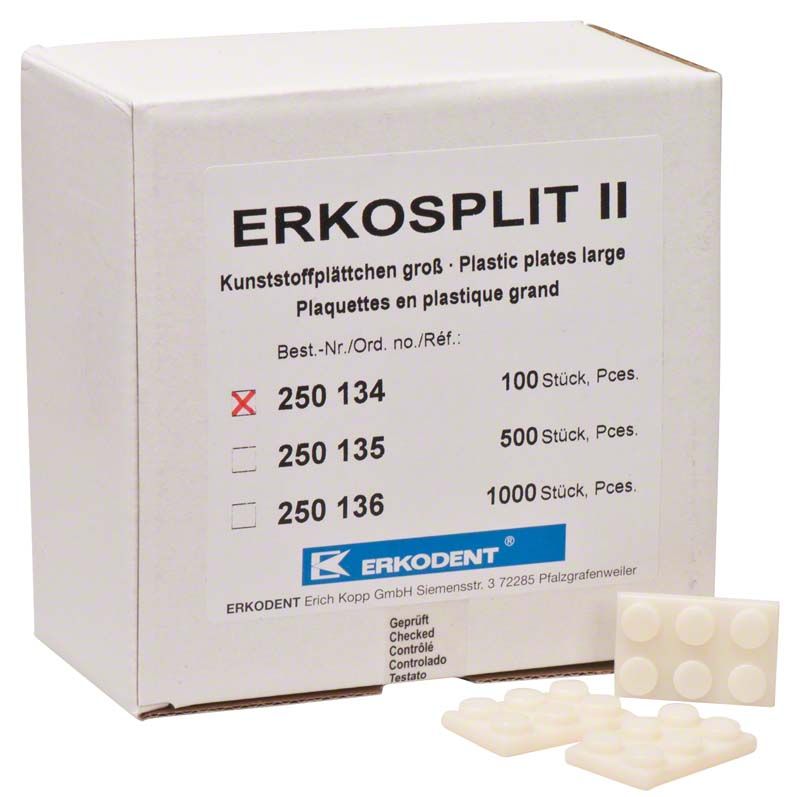 Erkosplit II Verpackung mit Kunststoffplättchen für Dentalmodelle.