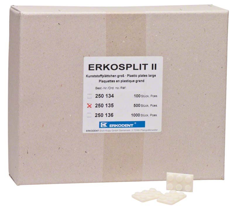 Erkosplit II Kunststoffplättchen-Packung mit 500 Stück und Produktetikett.