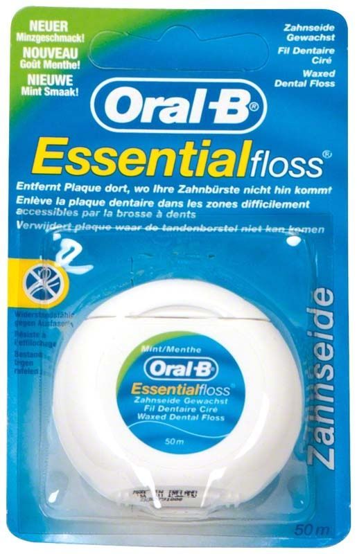 Oral-B Essentialfloss gewachst Mint in blauer Verpackung.