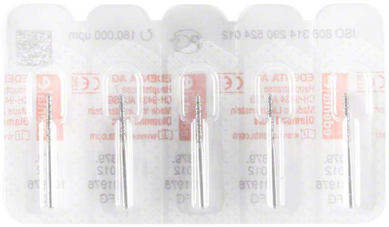 Verpackung mit vier Diamantbohrern Diamant FG 879 012 für Zahnmedizin.