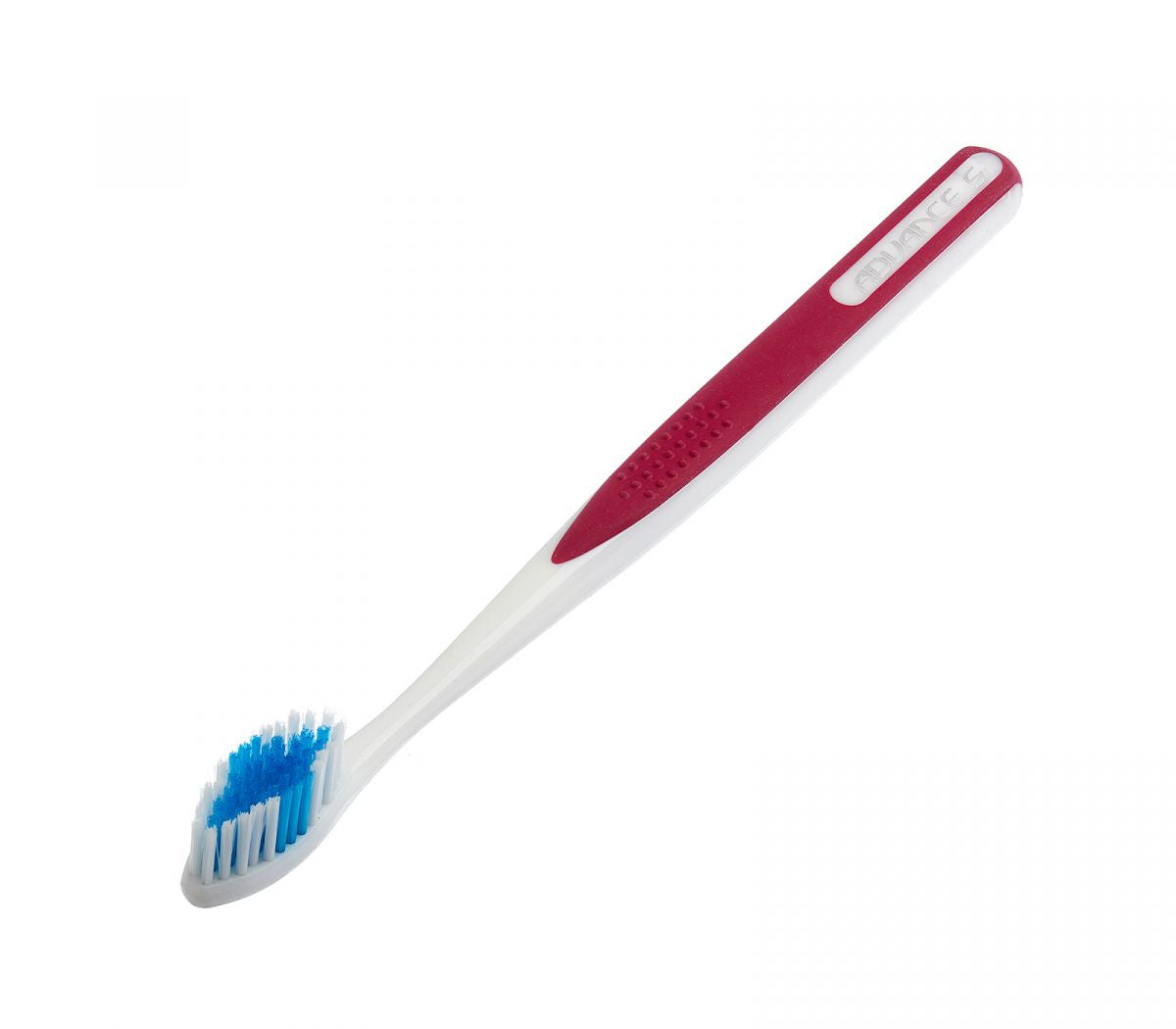 Weiße Tandex Zahnbürste Advance soft mit rotem Griff und blauen Borsten.