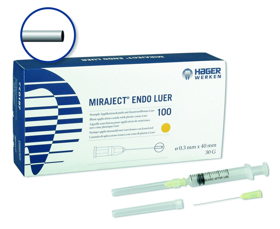 Applikationskanüle Miraject Endo Luer 30G vor Verpackung mit Produktdetails.