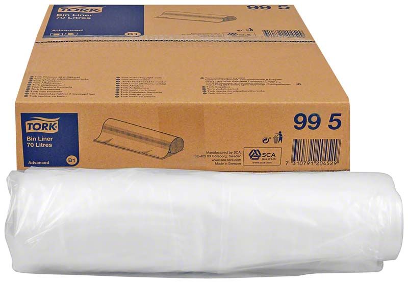 Tork Advanced Abfallsäcke 70l in weißer Rolle vor brauner Verpackung.