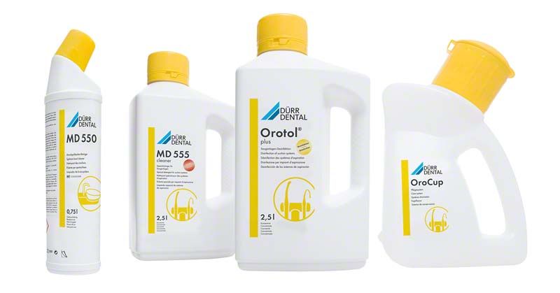 Orotol® plus Basis-Set mit Desinfektionsmitteln für dentale Sauganlagen.