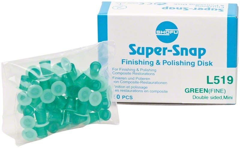 Super-Snap Polierscheiben fein, beidseitig beschichtet, in grüner Verpackung.
