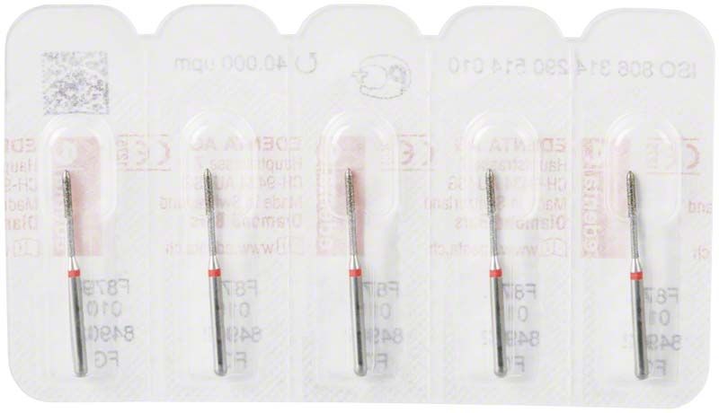 Diamantenschleifer FG 879F 010 in Blisterverpackung, Torpedoform, roter Ring.