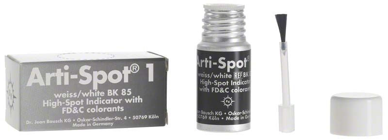 Arti-Spot 1 weiß, Kontaktfarbe für dentale Anwendungen, mit Pinsel und Verpackung.