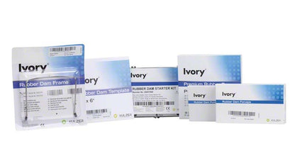 Ivory® Kofferdamtechnik-Set mit verschiedenen Verpackungen und Komponenten.