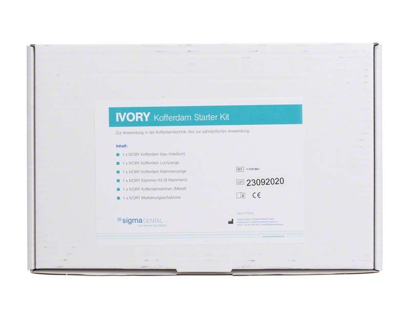 Ivory® Kofferdamtechnik Starter Kit-Verpackung mit Inhaltsangabe auf weißem Karton.