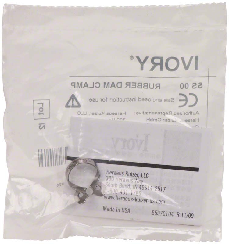 Ivory® Kofferdamklammer Figur SS 00 für Frontzähne in Verpackung.