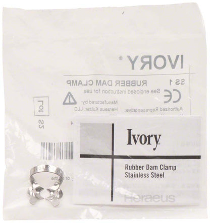 Ivory Kofferdamklammer Figur SS 1 aus Edelstahl auf Verpackung.
