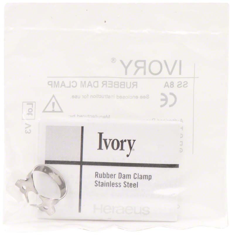 Ivory Kofferdamklammer Figur 8A aus Edelstahl in Verpackung.