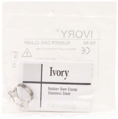 Ivory Kofferdamklammer Figur 8A aus Edelstahl in Verpackung.