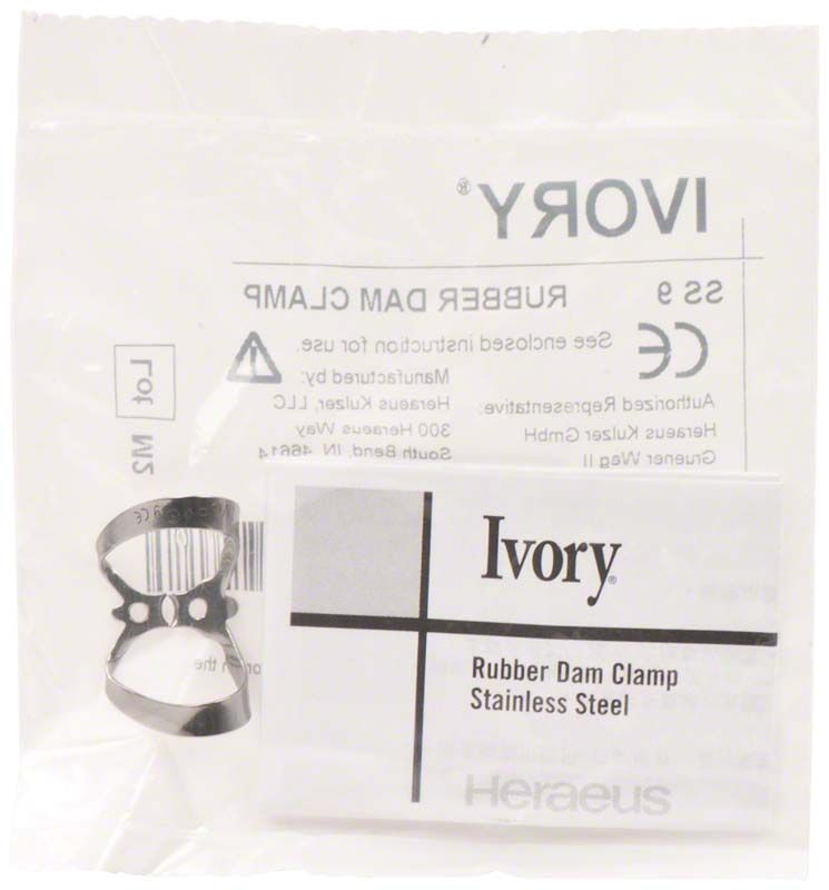 Ivory® Kofferdamklammer Figur SS 9 aus Edelstahl in Verpackung.