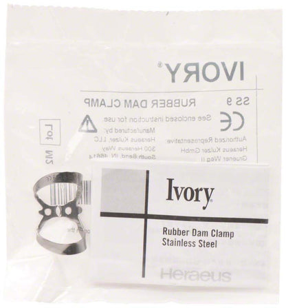 Ivory® Kofferdamklammer Figur SS 9 aus Edelstahl in Verpackung.