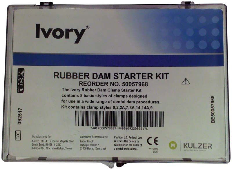 Ivory® Kofferdamklammern Kit in Verpackung mit Produktinformationen.