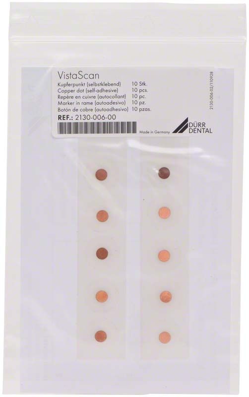 Selbstklebende Kupferpunkte für intraorale Speicherfolien in Verpackung.