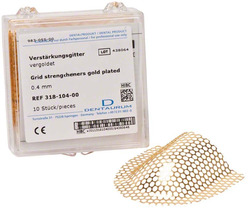 Verstärkungsgitter vergoldet 0,4 mm neben Verpackung mit Etikett.