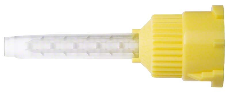 Gelbe Automix Mischkanüle für dentalen Einsatz, Detailansicht.