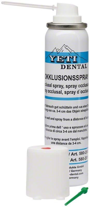 Okklusionsspray von Yeti Dental mit Sprühkopf und Schutzkappe.