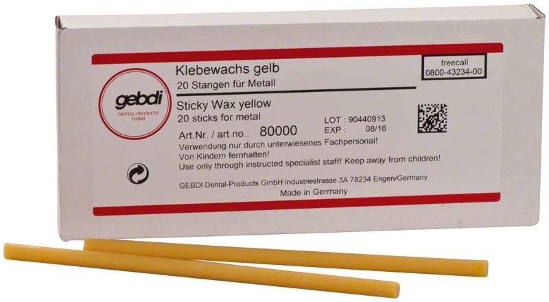 Klebewachs Stangen gelb von Gebdi für Dentalanwendungen.