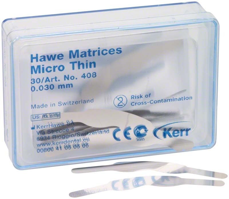 Hawe Matrizen mikrodünn Nr. 408 in transparenter Kunststoffverpackung.
