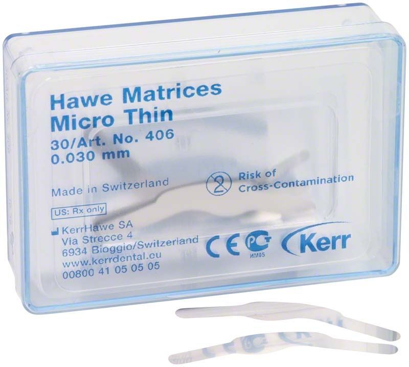 Hawe Matrizen mikrodünn Nr. 406 in transparenter Kunststoffverpackung.