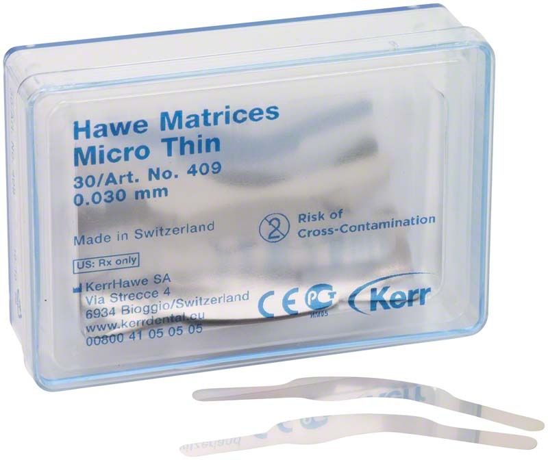 Hawe Matrizen mikrodünn Nr. 409 in transparenter Kunststoffverpackung.