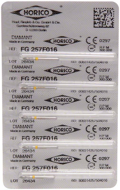 Blisterpackung mit fünf Diamant-FG 257F 016 Schleifinstrumenten.