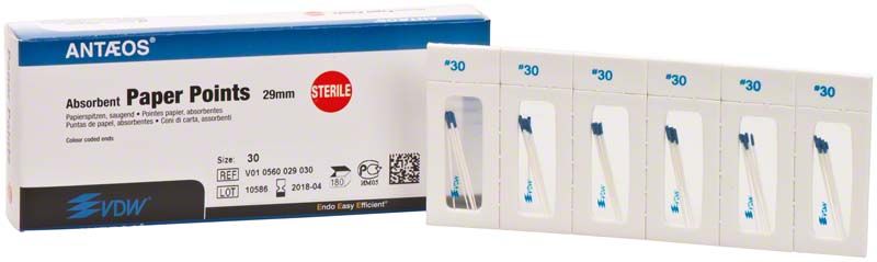 Sterile Papierspitzen in Verpackung mit ISO 090-140 Markierung.