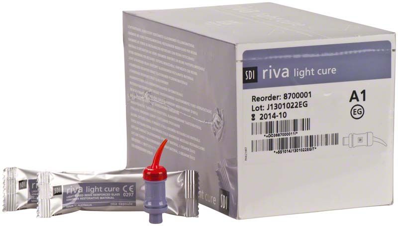 Riva Light Cure Kapseln Normalhärtend A1 Verpackung mit Einzelkapseln.
