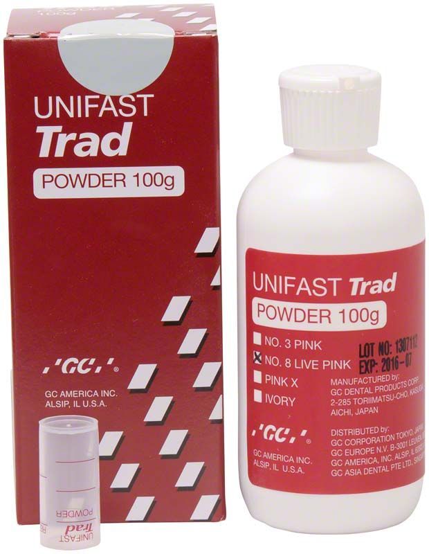 GC Unifast TRAD Pulver live pink N 8 mit Verpackung und Flasche.