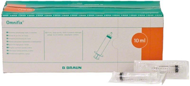 Omnifix Luer-Lock 10ml Einmalspritze mit Verpackung von B. Braun.