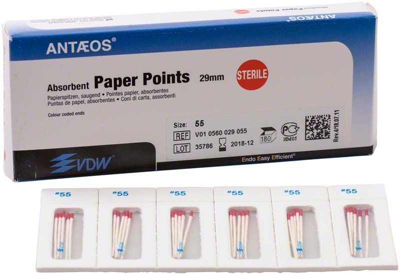 Sterile Papierspitzen 29mm in Blisterverpackung für Endodontie.