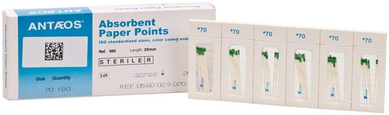 Sterile Papierspitzen in Verpackung mit Etikett "Absorbent Paper Points".