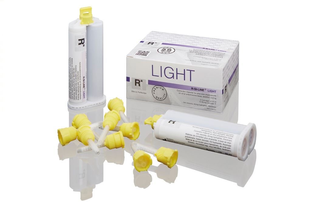 R-SI-LINE ® LIGHT Lila A-Silikon Abformungsmaterial mit Kartuschen und Mischkanülen.