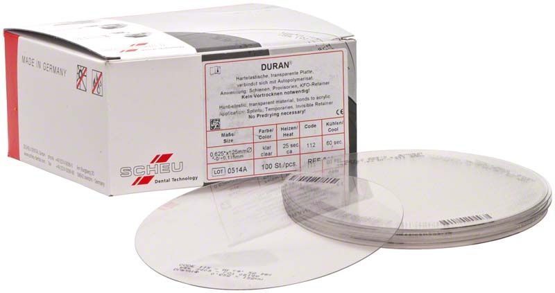 DURAN® 100er Tiefziehfolien in transparenter Verpackung mit Produktinformationen.