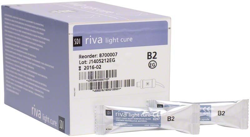 Verpackung der Riva Light Cure Kapseln Normalhärtend B2 mit zwei Kapseln.