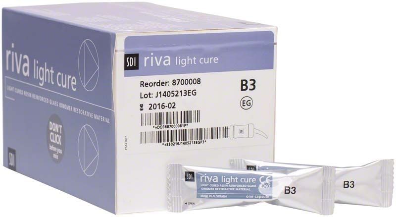 Riva Light Cure Kapseln Normalhärtend B3 in Originalverpackung mit zwei Kapseln.